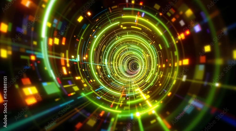A vibrant, colorful tunnel of light and geometric shapes, creating a sense of motion and depth A vibrant, colorful tunnel of light and geometric shapes, creating a sense of motion and depth