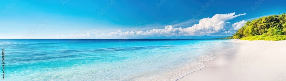 A stunning beach scene with crystal-clear turquoise water, white sandy shores, and lush palm trees under a bright blue sky. A stunning beach scene with crystal-clear turquoise water, white sandy shores, and lush palm trees under a bright blue sky.
