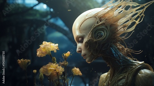 An intriguing depicting an alien creature with insect like features examining peculiar plant life on an unknown and enigmatic alien landscape photo