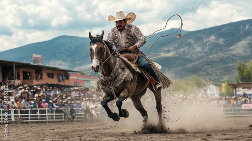 Charro horseback riding, lasso in hand, at a rodeo.