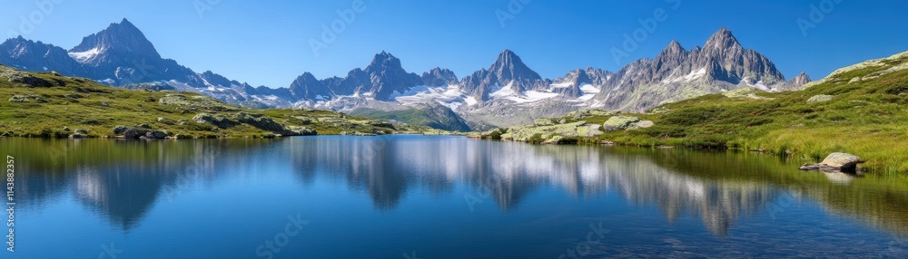 A stunning panoramic view of majestic mountains reflecting in a serene lake under a clear blue sky, surrounded by lush greenery. A stunning panoramic view of majestic mountains reflecting in a serene lake under a clear blue sky, surrounded by lush greenery.