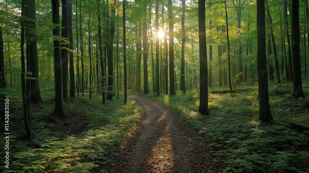 Fototapeta premium Serene Forest Pathway at Sunrise, Bathed in Golden Light, Surrounded by Lush Green Trees and Vibrant Foliage, Perfect for Nature Lovers and Outdoor Enthusiasts