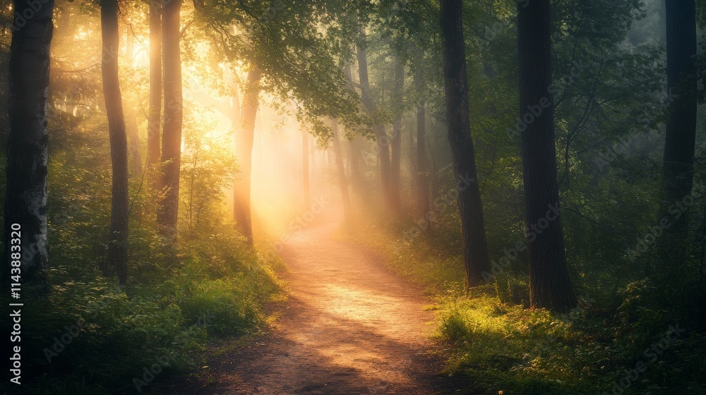 Serene Forest Path at Dawn with Misty Light Filtering Through Trees Creating a Magical Atmosphere in Nature's Embrace Serene Forest Path at Dawn with Misty Light Filtering Through Trees Creating a Magical Atmosphere in Nature's Embrace