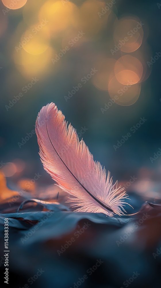 Delicate feather resting on the ground with soft bokeh background in serene autumn setting Delicate feather resting on the ground with soft bokeh background in serene autumn setting