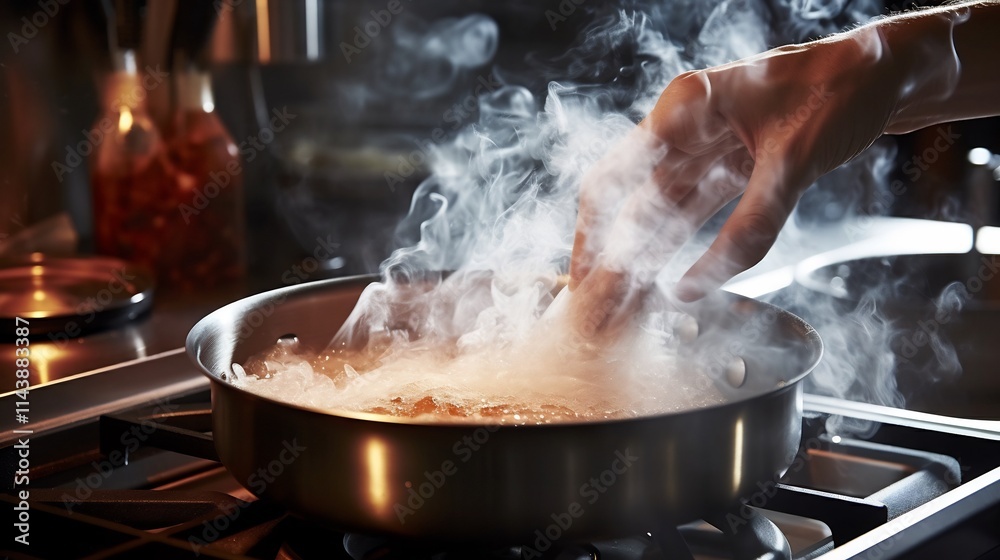 Pinch of Salt Being Sprinkled into Boiling Pot of Water on a Gas Stovetop for Cooking or Preparing a Savory Dish Pinch of Salt Being Sprinkled into Boiling Pot of Water on a Gas Stovetop for Cooking or Preparing a Savory Dish