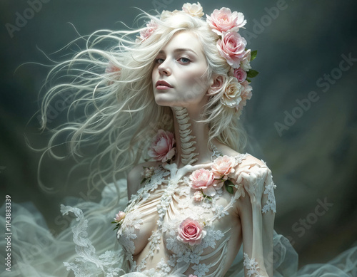 Fantasy close up portrait of female skeleton in white with flowers around head. AI generation photo