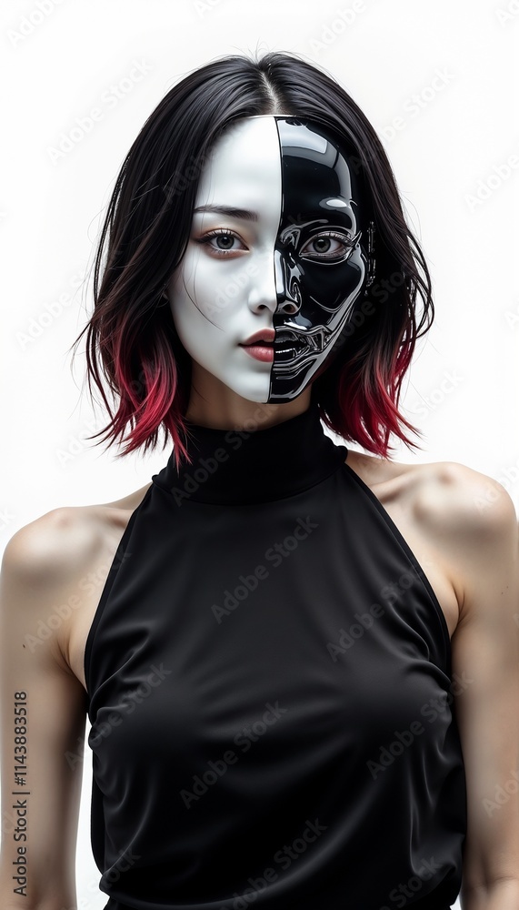 Creative woman with split face makeup in black top isolated on white background Creative woman with split face makeup in black top isolated on white background