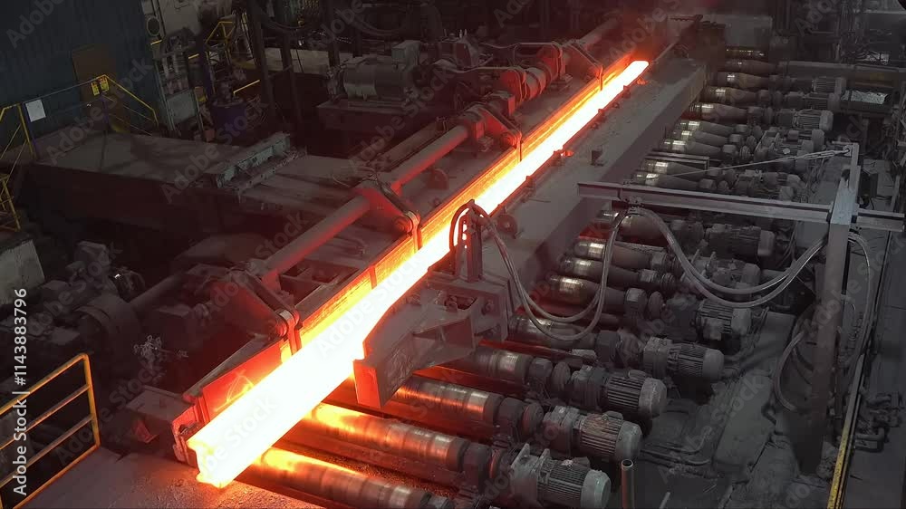 Witness the intense process of hot steel billets being transported on a conveyor in a steel mill. The glowing metal highlights the industrial operation.