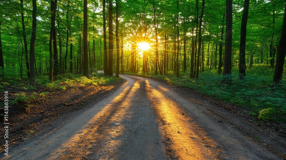 Obraz premium Serene Pathway Through Lush Green Forest at Sunrise with Bright Sunlight Filtering Through Trees and Dramatic Shadow Play on the Ground
