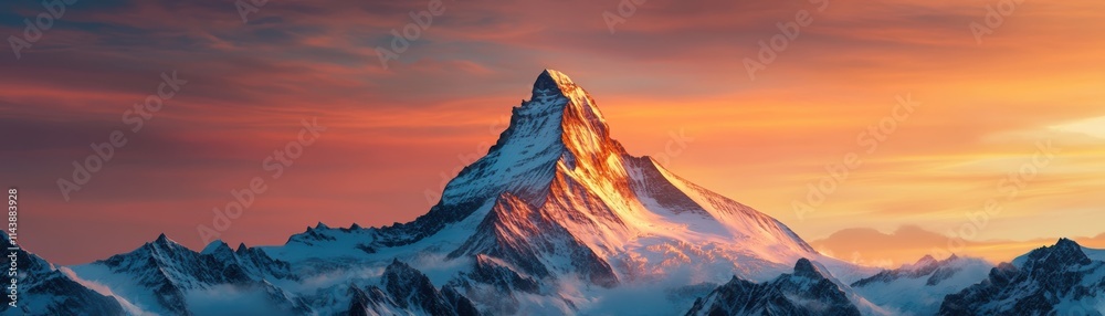 Fototapeta premium A majestic mountain peak illuminated by sunset, surrounded by clouds and snow, showcasing nature's beauty and tranquility.