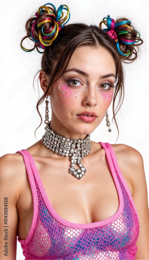 Obraz premium Woman with colorful hair accessories in pink top on white background