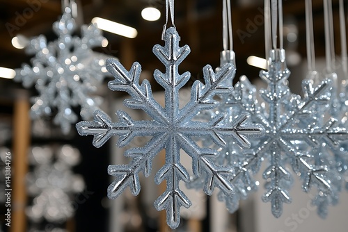 A close-up of a glittering silver snowflake ornament, finely detailed and sharply focused, centered on a clean white background for a sophisticated look  photo