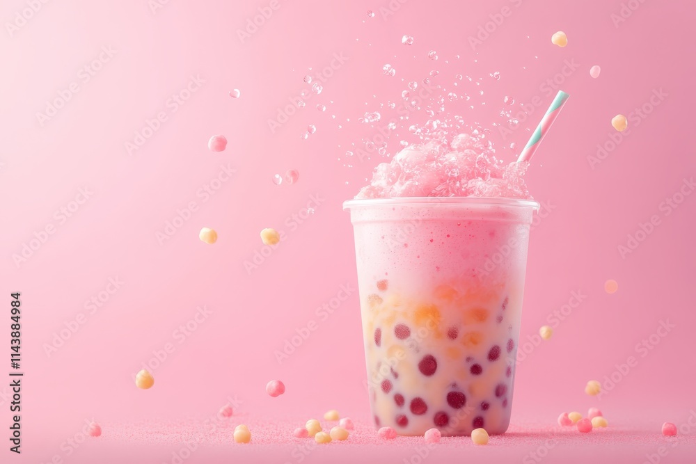 Delicious bubble tea with tapioca pearls on pink background Delicious bubble tea with tapioca pearls on pink background