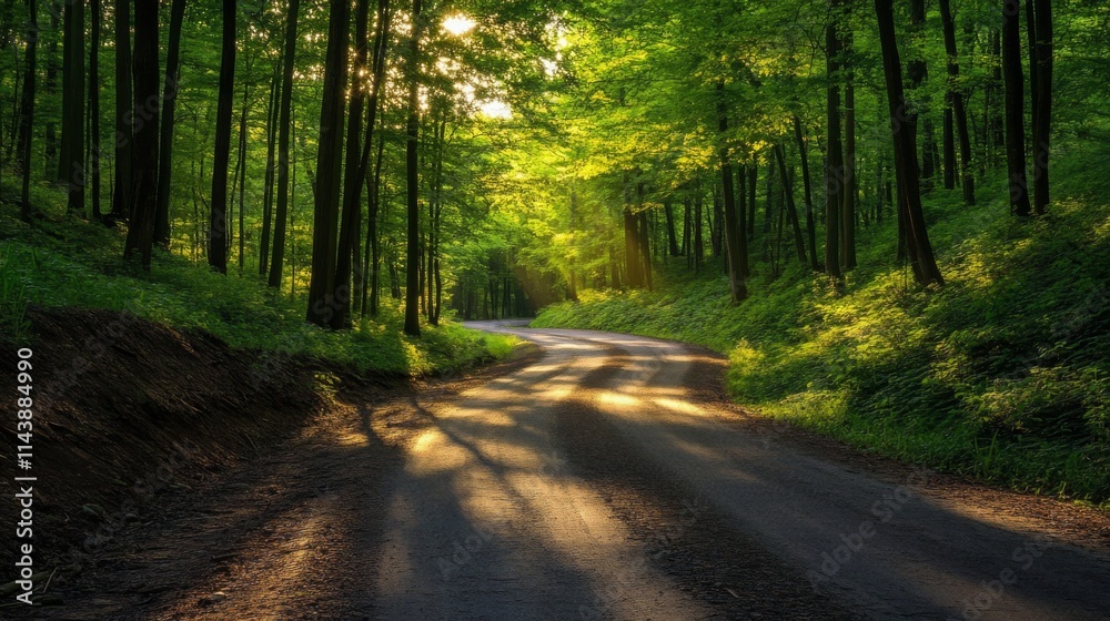 Naklejka premium Serene Sunlit Forest Road Surrounded by Lush Green Trees and Gentle Shadows Creating a Tranquil Scene for Nature Lovers and Outdoor Enthusiasts