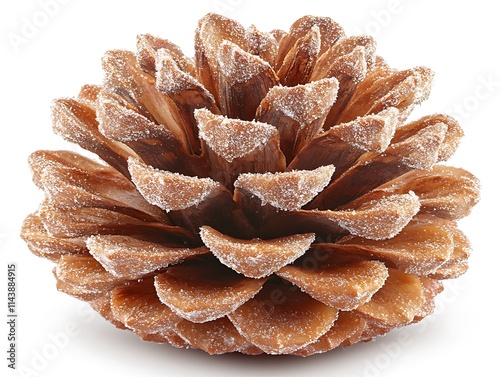 A close-up shot of a pinecone dusted with artificial snow, detailed and textured, centered on a pristine white background for a natural holiday vibe  photo