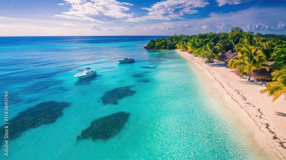 Obraz premium A stunning beach scene featuring turquoise waters, a sandy shore, and lush greenery, perfect for relaxation and seaside adventures.