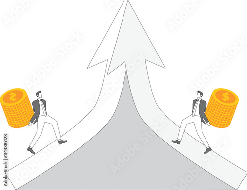 Cooperation and making money, two businessmen carrying gold coins towards the merged arrow