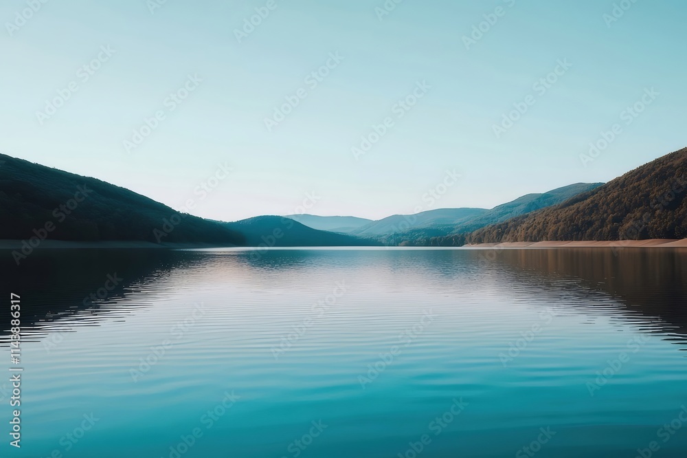 Serene lake reflecting mountains under a clear sky. Serene lake reflecting mountains under a clear sky.