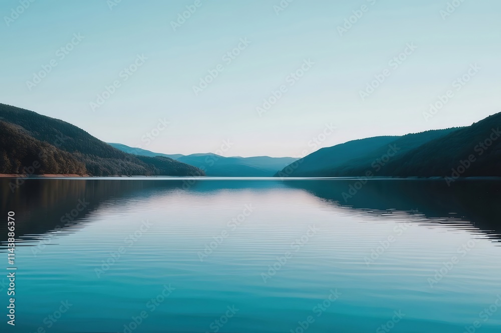 Calm lake reflecting mountains under a clear sky. Calm lake reflecting mountains under a clear sky.