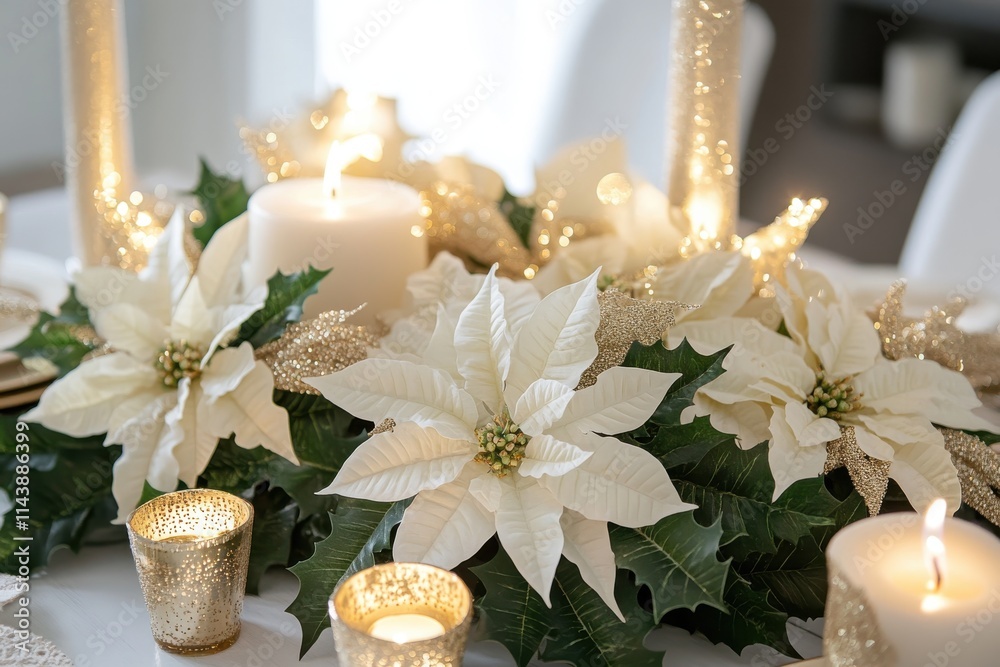 Elegant Christmas table setting featuring white and gold decor with beautiful poinsettias Elegant Christmas table setting featuring white and gold decor with beautiful poinsettias