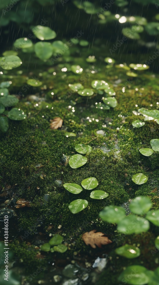 Close-up view of rain-soaked moss adorned with droplets in a lush forest Close-up view of rain-soaked moss adorned with droplets in a lush forest