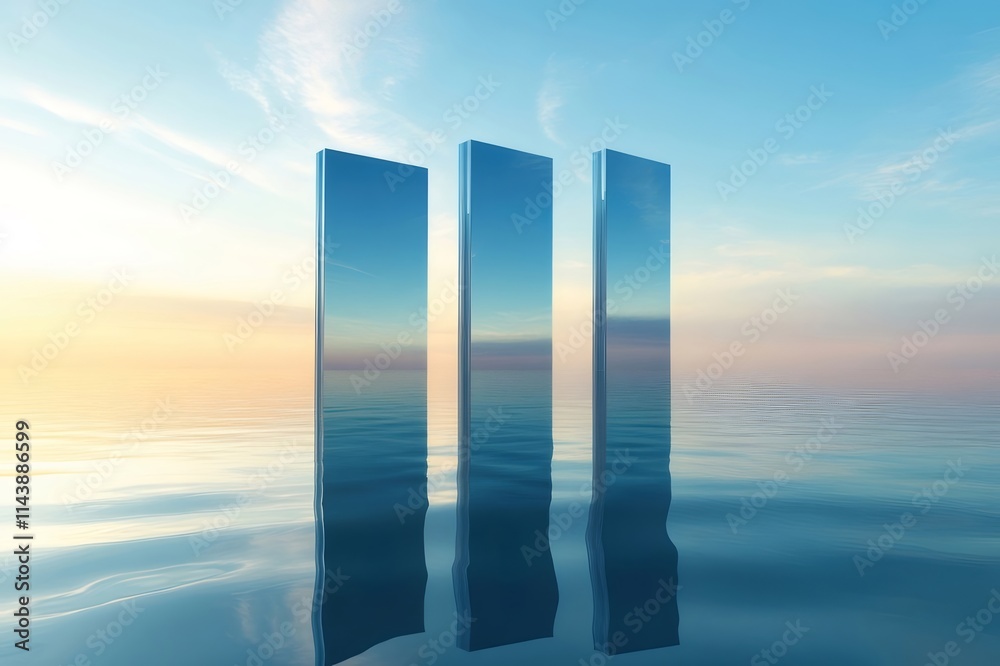 Three glass pillars reflecting in calm ocean at sunset.