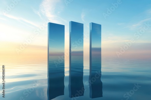 Three glass pillars reflecting in calm ocean at sunset. photo