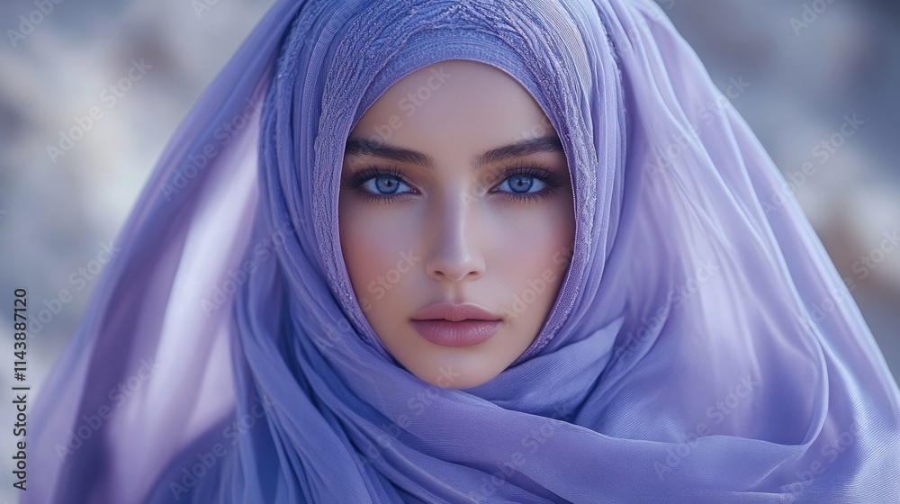 Close-up portrait of a woman wearing a lavender hijab. Close-up portrait of a woman wearing a lavender hijab.
