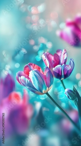 Colorful spring tulips blooming against a soft, blurred backdrop of blue hues in a serene garden setting