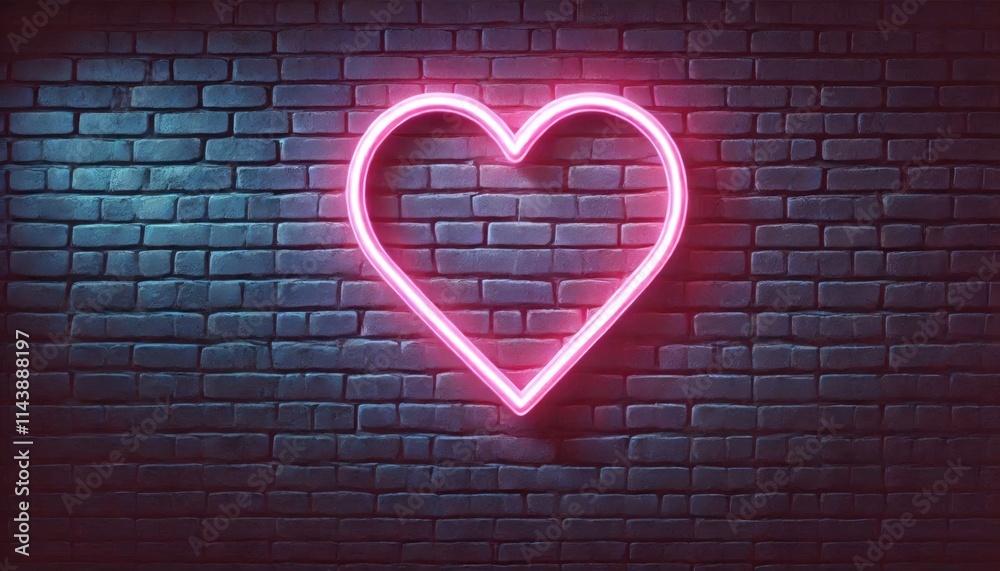 Heart-Shaped Pink Neon Light on Dark Brick Wall Heart-Shaped Pink Neon Light on Dark Brick Wall