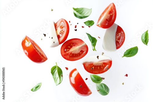 Wallpaper Mural Falling slices of mozzarella, tomatoes and basil, isolated on white background Torontodigital.ca