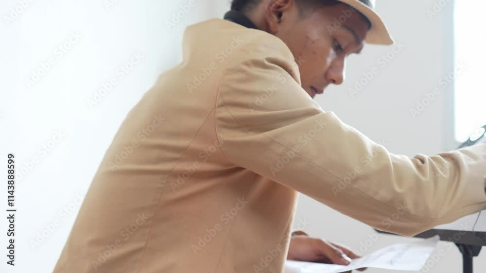 Young Asian Musician Saxophonist Writing A Song On Musical Sheet Young Asian Musician Saxophonist Writing A Song On Musical Sheet