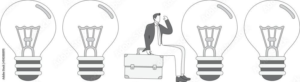Creative ideas and ideas, businessman sitting among the extinguished light bulbs thinking and analyzing Creative ideas and ideas, businessman sitting among the extinguished light bulbs thinking and analyzing
