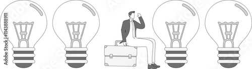 Creative ideas and ideas, businessman sitting among the extinguished light bulbs thinking and analyzing