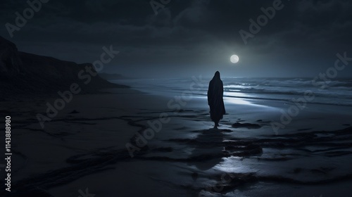 Enigmatic silhouetted figure of a phantom or ghost like entity cautiously walking along a darkened beach at night creating an ominous and supernatural atmosphere photo