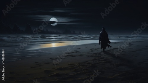 Mysterious phantom figure stalks along a darkened moody beach at nightfall creating an eerie cinematic atmosphere of the supernatural and unexplained photo