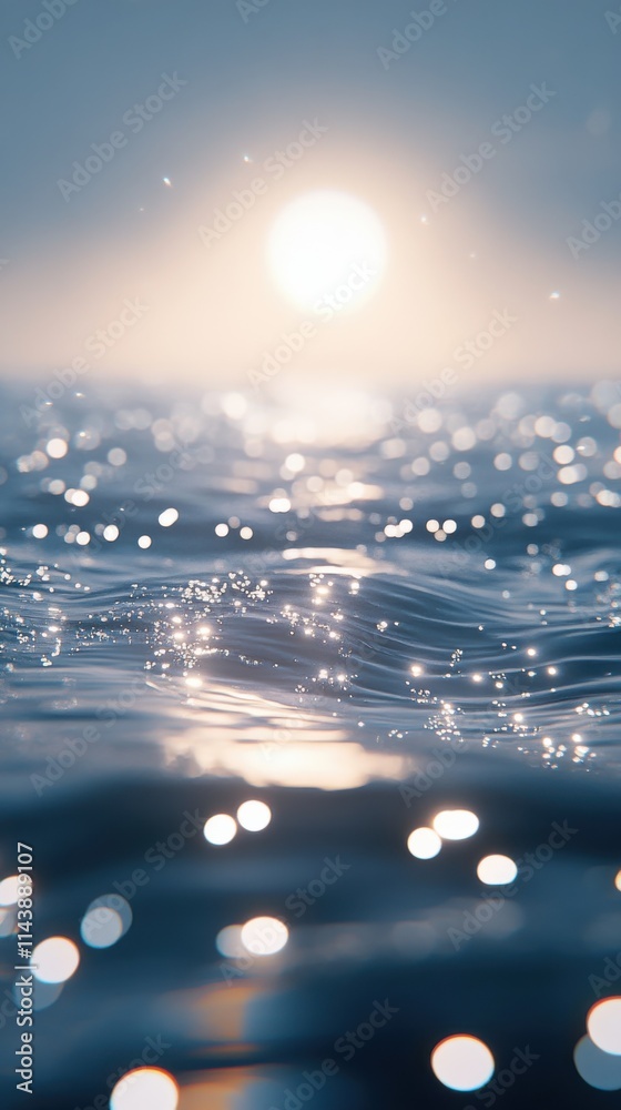 Tiny water sparkles create a magical atmosphere at sunrise, reflecting the light over serene waves Tiny water sparkles create a magical atmosphere at sunrise, reflecting the light over serene waves