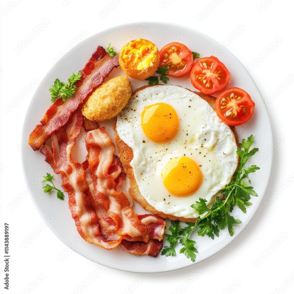 Fried eggs and bacon breakfast isolated on white background Fried eggs and bacon breakfast isolated on white background