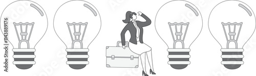 Creative ideas and ideas, businesswoman sitting among the extinguished light bulbs thinking and analyzing