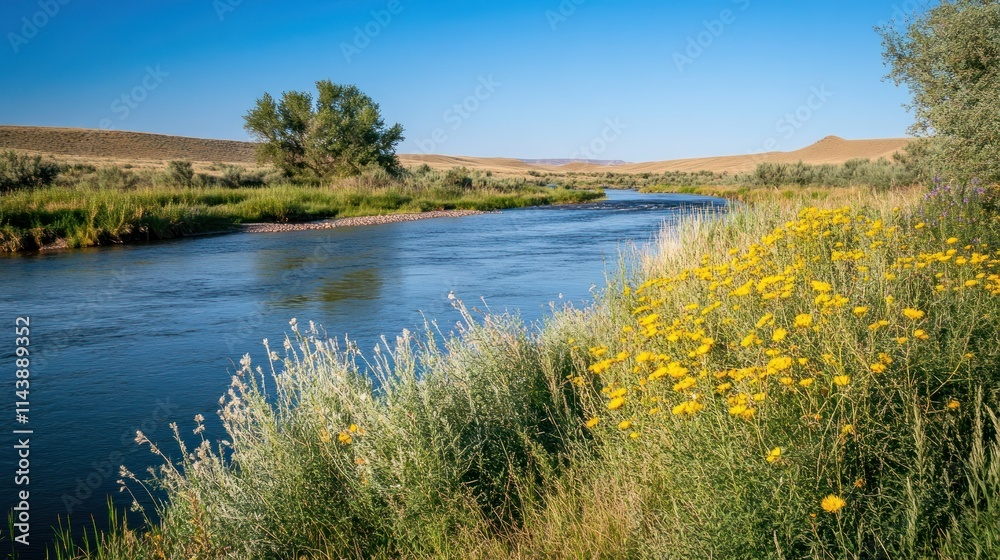 Calm river flowing through a serene landscape with yellow wildflowers and green vegetation under a clear blue sky. Calm river flowing through a serene landscape with yellow wildflowers and green vegetation under a clear blue sky.