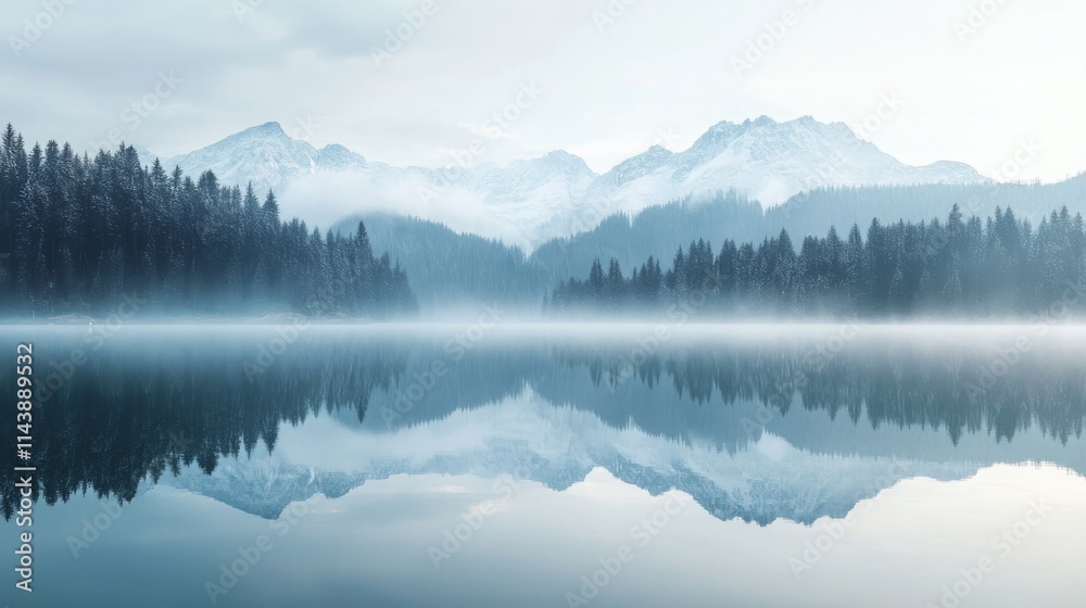 Fototapeta premium Serene Winter Landscape with Snowy Mountains Reflected in Calm Lake Surrounded by Dense Evergreen Forest Beneath a Soft Misty Sky