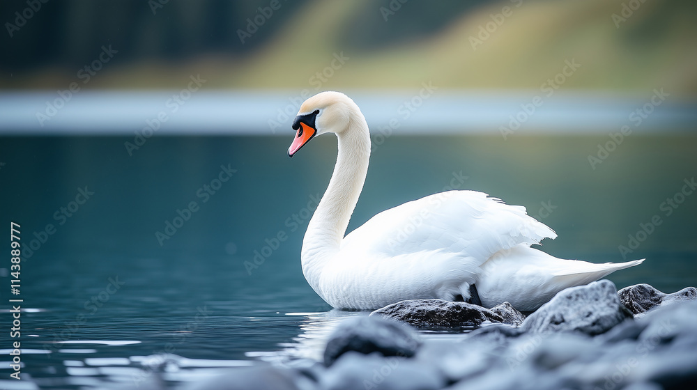 Fototapeta premium A majestic white swan gracefully glides on a calm, crystal-clear lake.