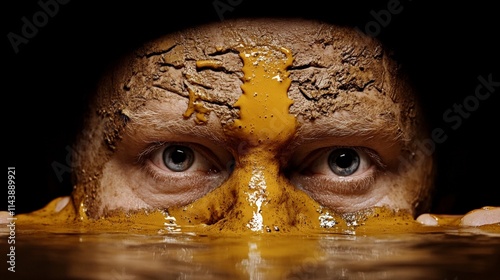 Muddy Man: Close-up of a man's face partially submerged in mud, his eyes intense and focused.  The mud texture is strikingly detailed, creating a powerful and visceral image. photo