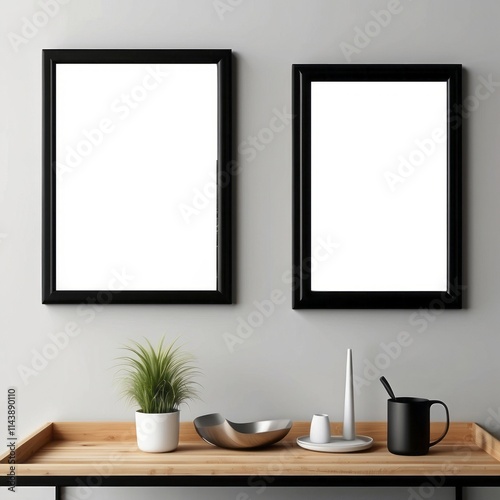 Two Black Framed Pictures Above Wooden Table Decor photo