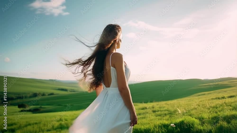 A woman standing in a green natural field with softly wind at momance time A woman standing in a green natural field with softly wind at momance time