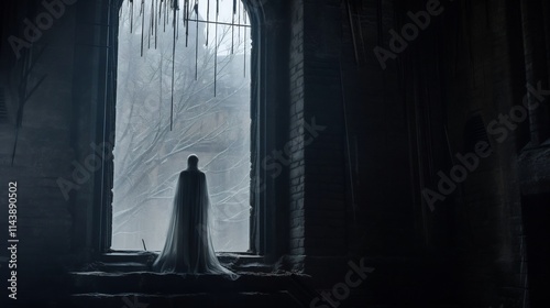 A spectral cloaked figure stares down ominously from a high castle window creating a moody mysterious atmosphere with its ominous brooding presence photo