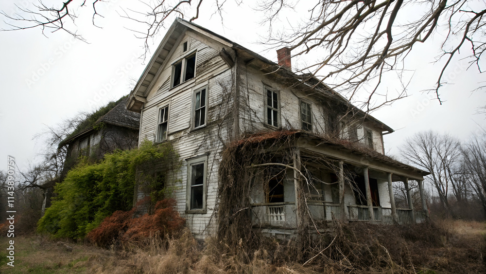 Obraz premium Eerie abandoned house with overgrown plants, perfect for Halloween and horror designs, set against a white background highlighting decay and mystery