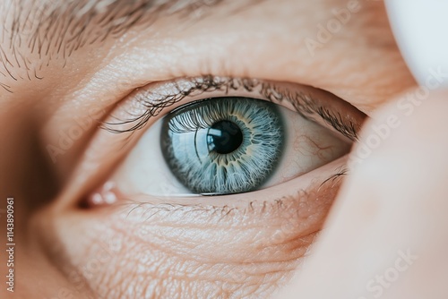 Doctor applying eye drop to patient's blue eye during medical checkup