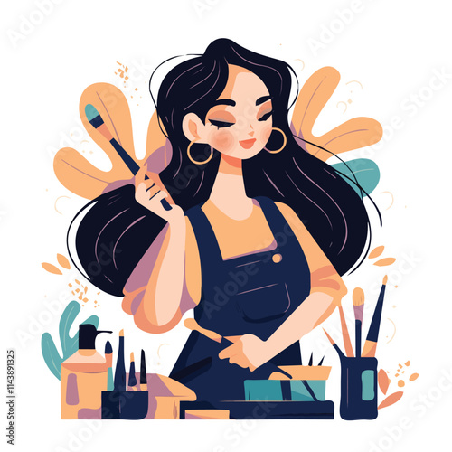 Vector illustration of a girl applying makeup