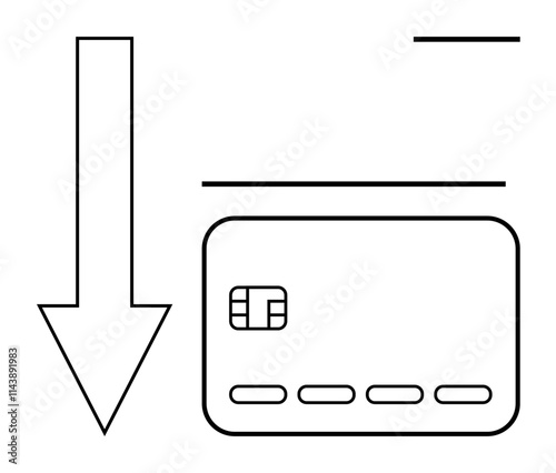 Downward arrow directing attention to a credit card, conveying transaction, payment, finance, and e-commerce. Ideal for banking, online shopping, financial services, payment methods credit card